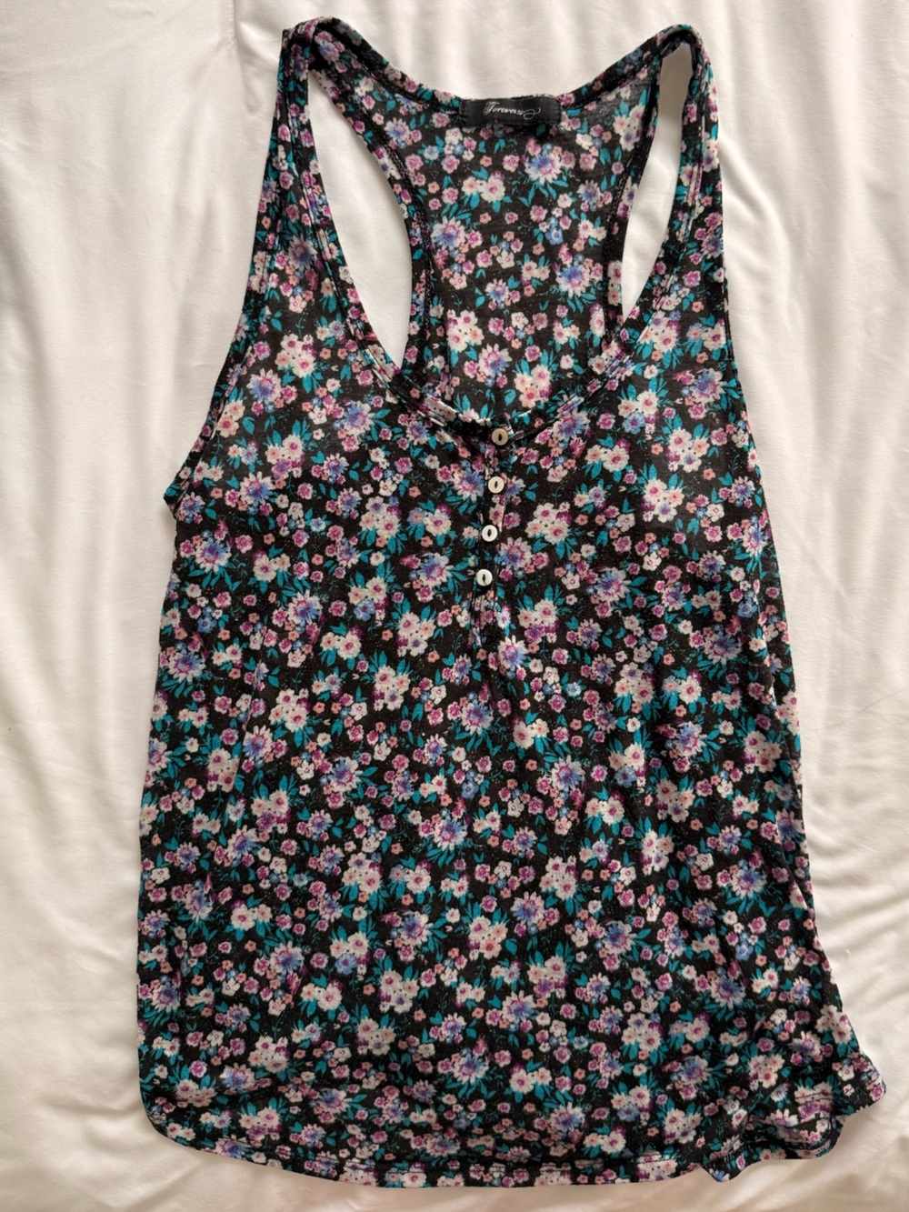 Forever 21 Black Floral Racerback Tank with Teal and Purple Flowers